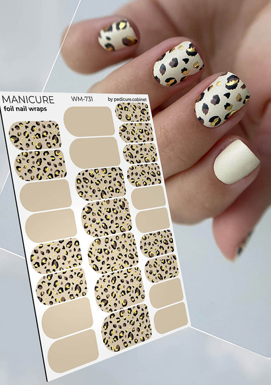 Manicure Brown Leo. Gold Foil. Nail wrap WM-731