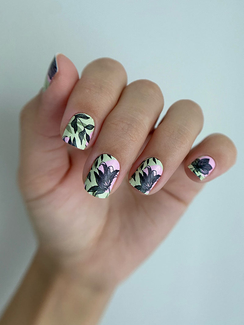 Manicure Black flowers. Khaki and pink background. Nail wrap WM-803
