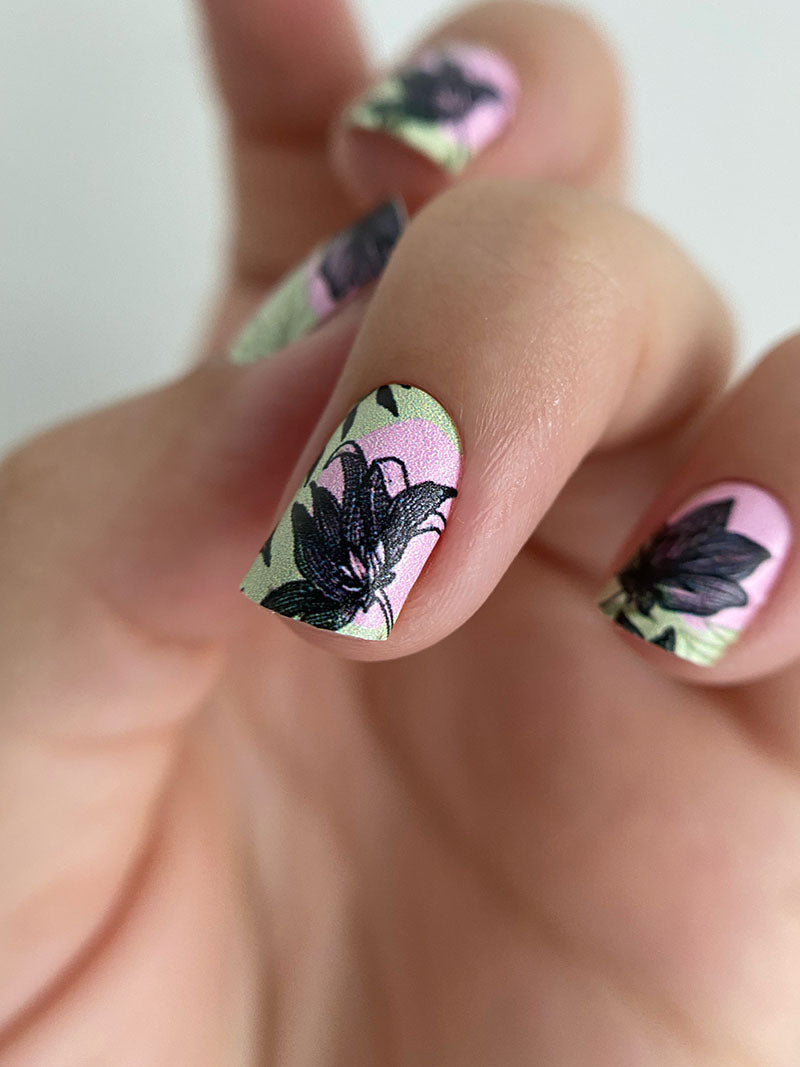 Manicure Black flowers. Khaki and pink background. Nail wrap WM-803