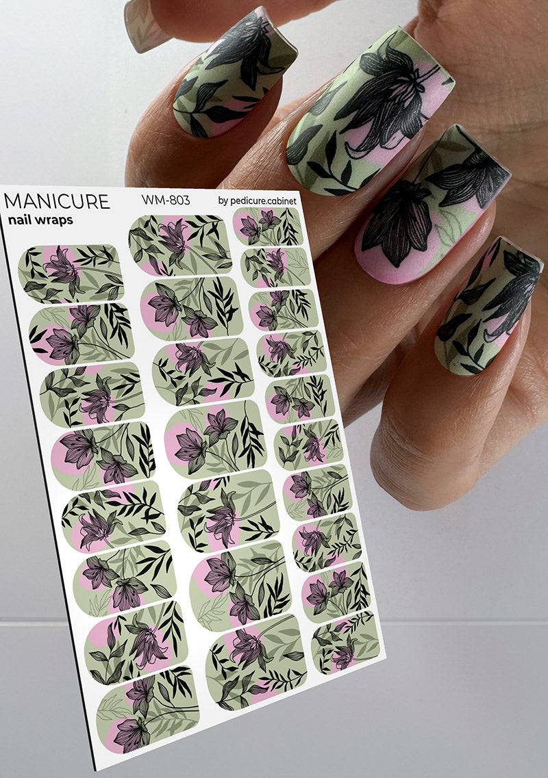 Manicure Black flowers. Khaki and pink background. Nail wrap WM-803