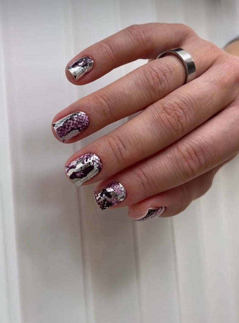 Manicure Python. Lilac. Foil silver. Nail wrap WM-887