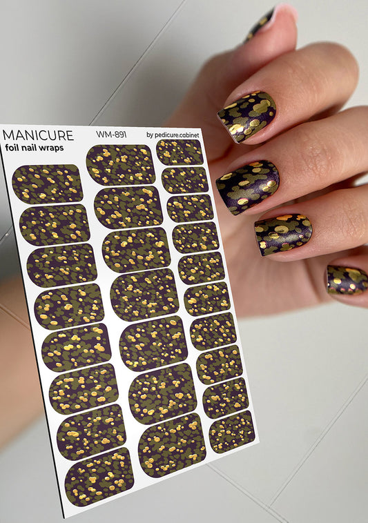 Manicure Khaki stains. Foil gold. Nail wrap WM-891