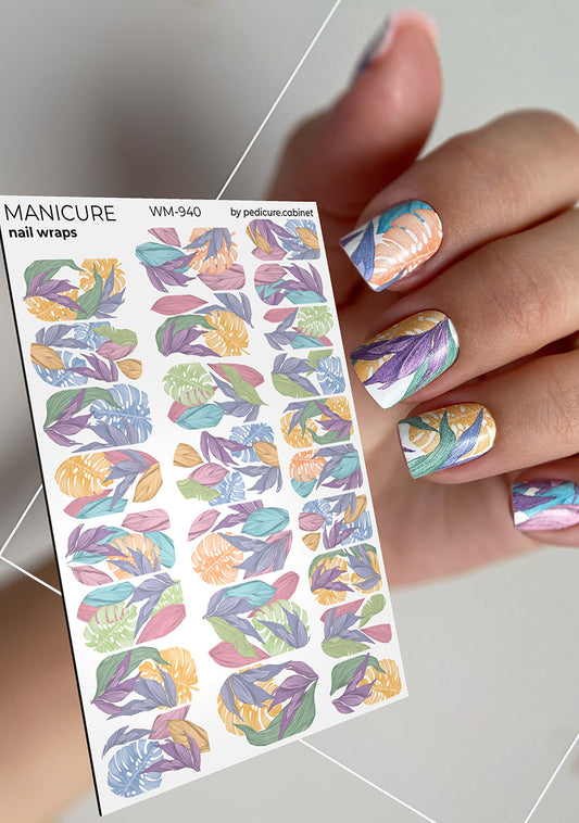 Manicure Large leaves. Pastel. Nail wrap WM-940