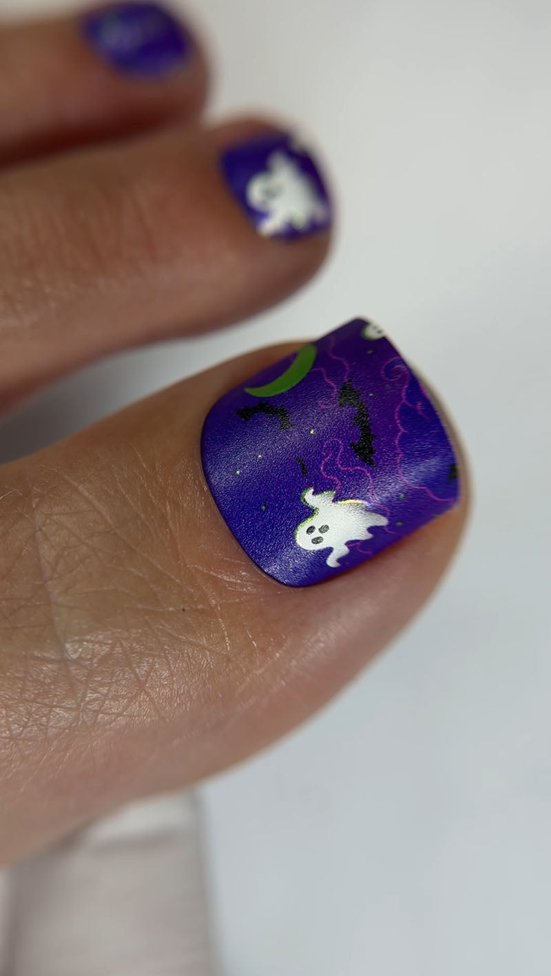 Pedicure Halloween purple. Colored Foil. Nail wraps WR-286