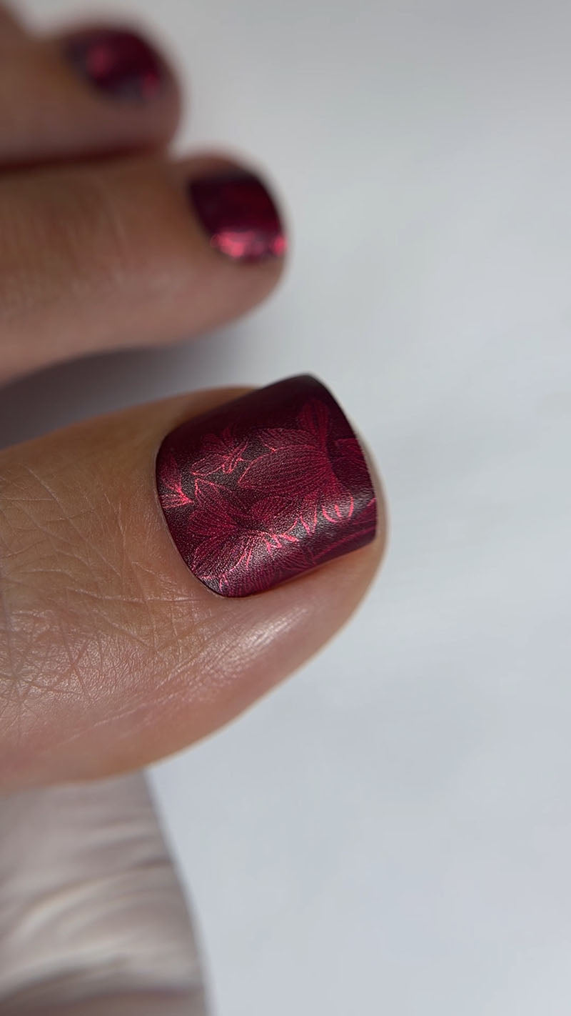 Pedicure Lilies on burgundy. Colored Foil. Nail wraps WR-331