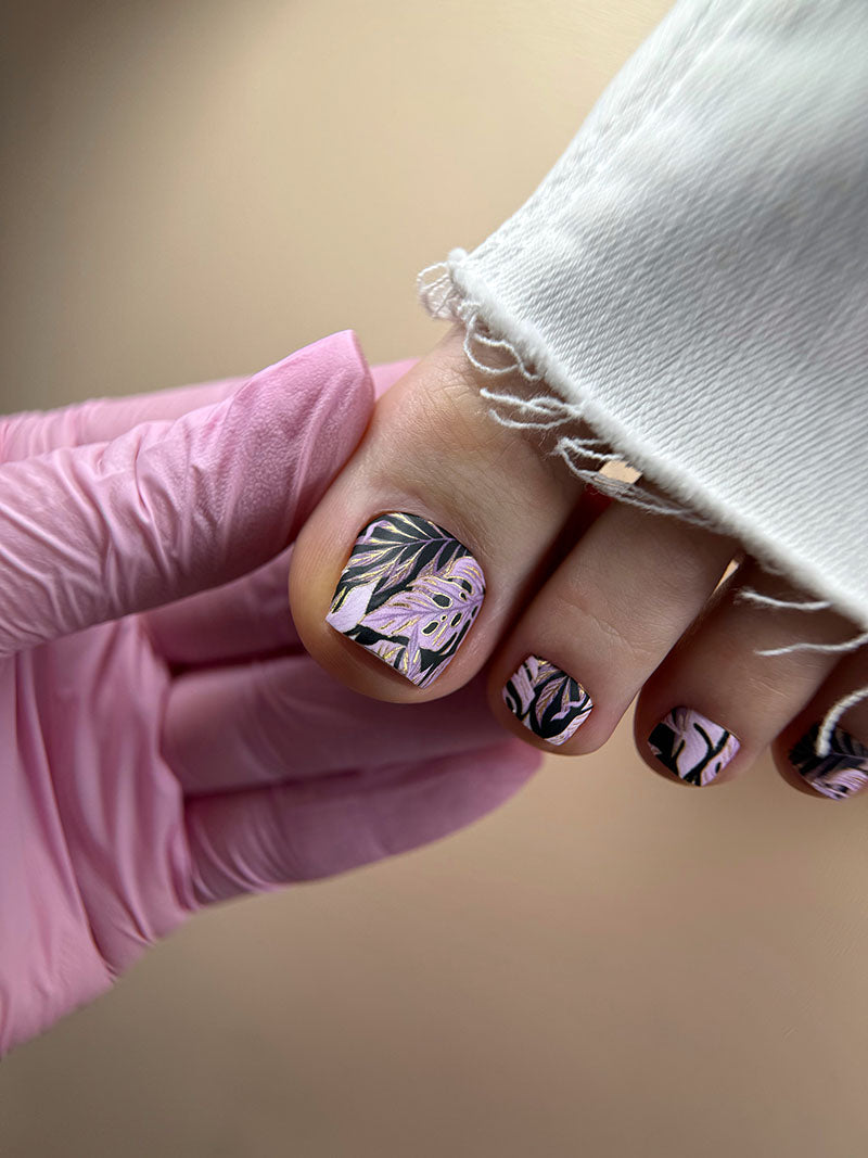 Pedicure Monstera pink. Gold Foil. Nail wraps WR-412