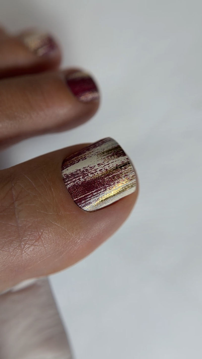 Pedicure Strokes with burgundy. Gold Foil. Nail wraps WR-421