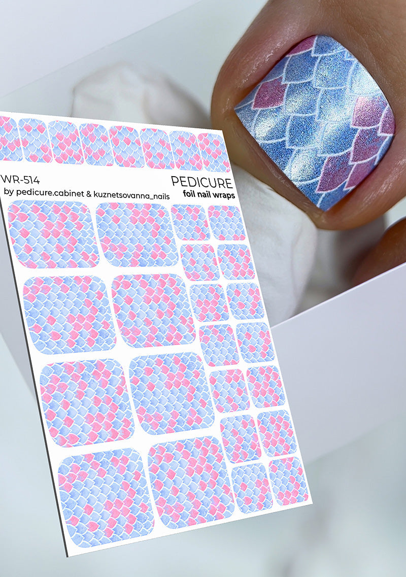 Pedicure Mermaid. Blue and Pink. Colored Foil. Nail wraps WR-514