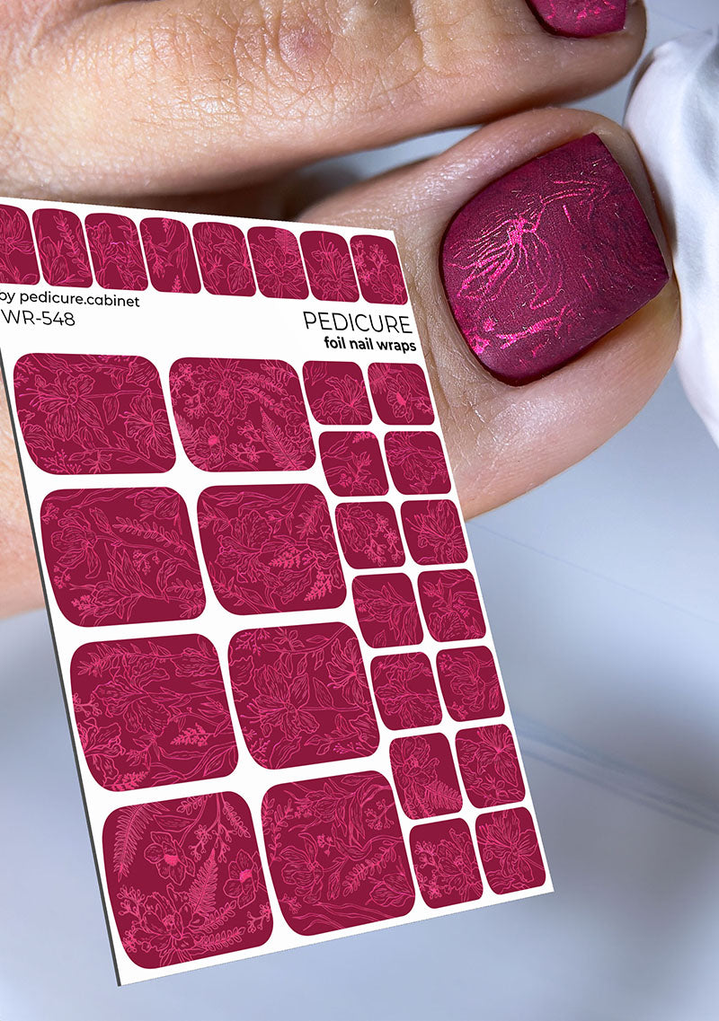 Pedicure Burgundy Leaves. Colored Foil. Nail wraps WR-548