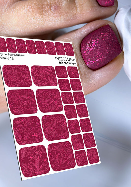 Pedicure Burgundy Leaves. Colored Foil. Nail wraps WR-548
