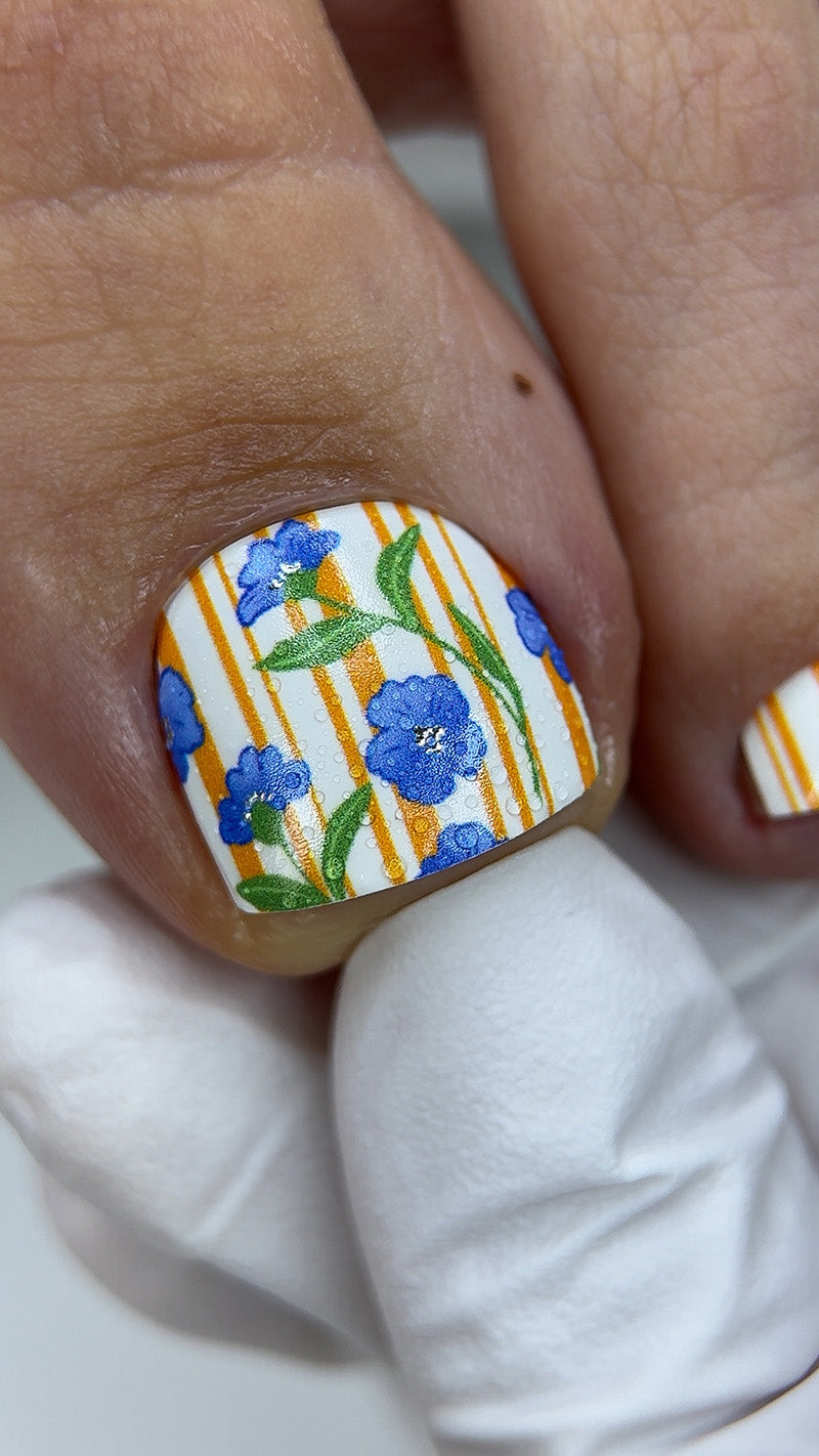 Pedicure Flowers and Stripes. Silver Foil. Nail wraps WR-561