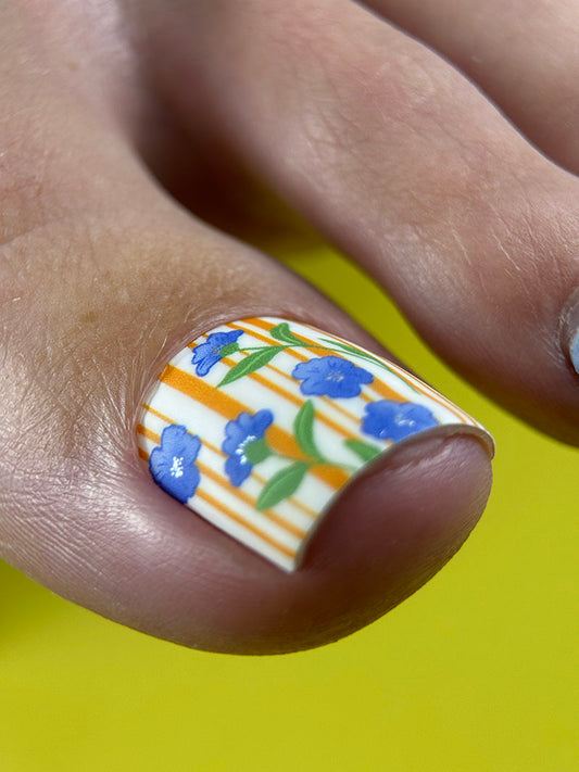 Pedicure Flowers and Stripes. Silver Foil. Nail wraps WR-561