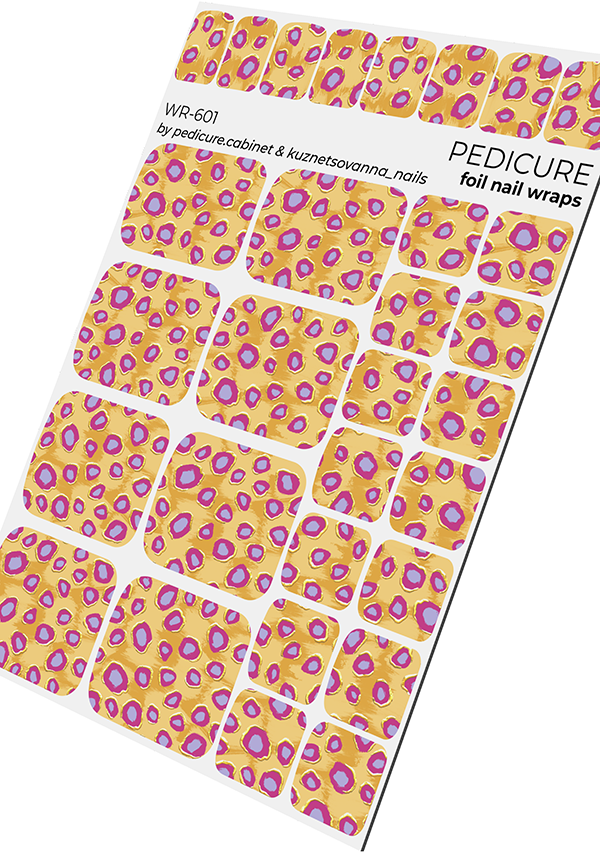 Pedicure Purple Spots. Yellow Background. Foil gold. Nail wrap WR-601