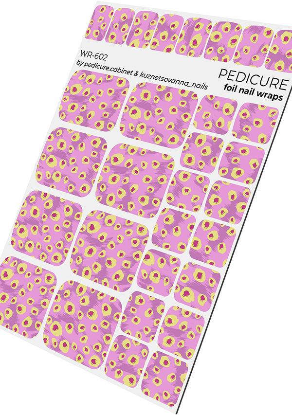 Pedicure Yellow Spots. Pink Background. Foil gold. Nail wrap WR-602