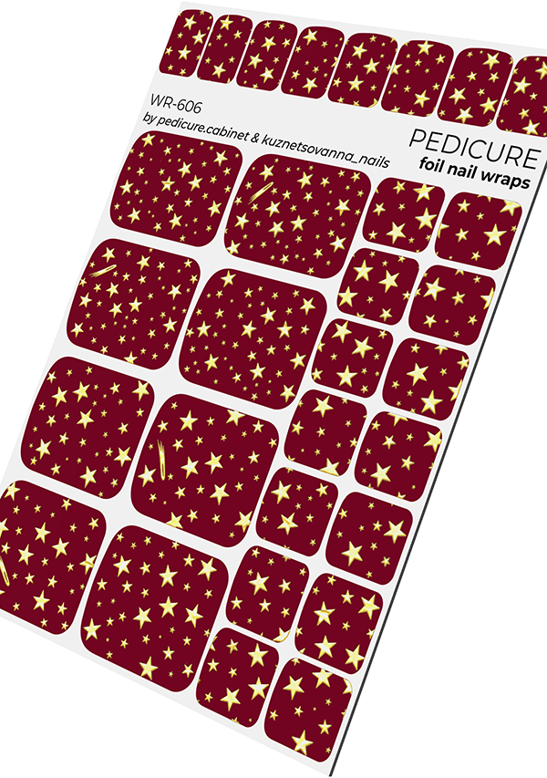 Pedicure Stars. Burgundy Background. Foil gold. Nail wrap WR-606