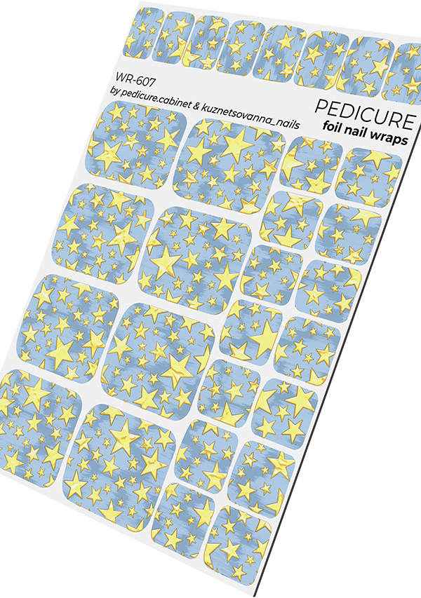 Pedicure Stars. Blue Background. Foil gold. Nail wrap WR-607