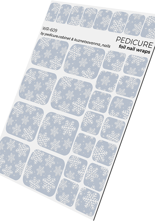 Pedicure Snowflakes. Blue Background. Foil silver. Nail wrap WR-609