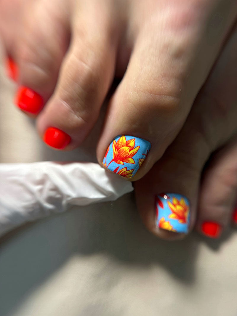 Pedicure Flowers. Gray and Blue Background. Nail wrap WR-637