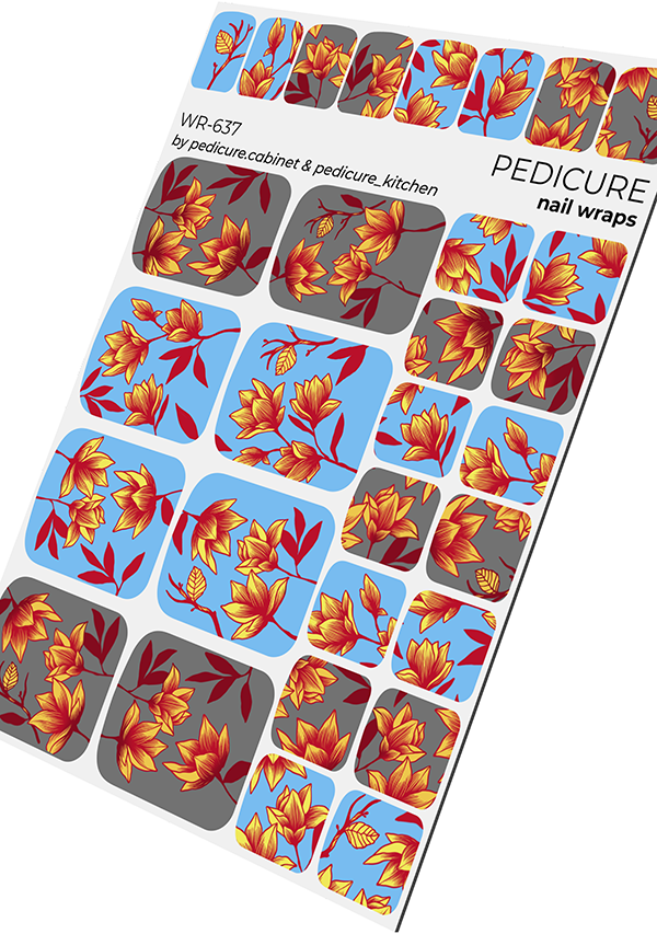 Pedicure Flowers. Gray and Blue Background. Nail wrap WR-637