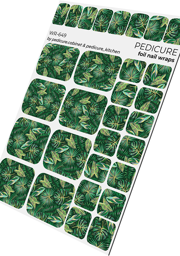 Pedicure Green Leaves. Foil gold. Nail wrap WR-649