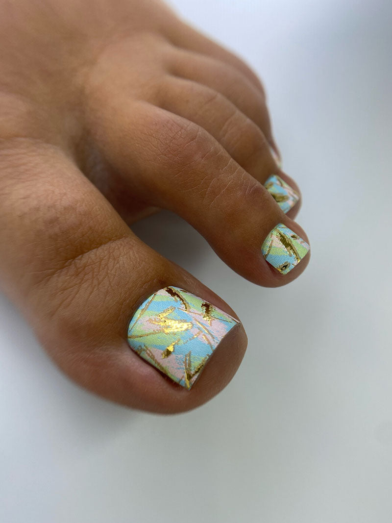 Pedicure Strokes: Pink, Blue, Green, and Black. Gold Foil. Large. Nail wrap WB-703