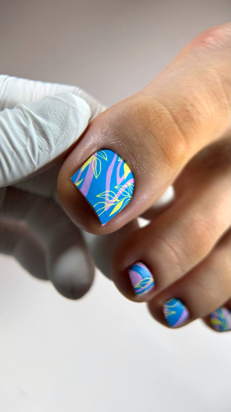 Pedicure Yellow Leaves. Blue Background with Waves. Nail wrap WR-710