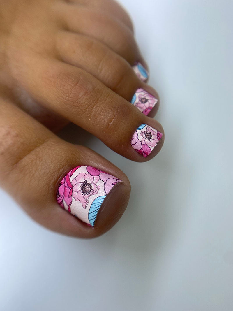 Pedicure Pink Peonies, Blue Leaves. Nail wrap WR-713