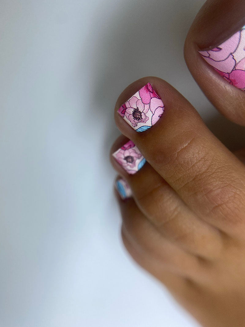 Pedicure Pink Peonies, Blue Leaves. Nail wrap WR-713