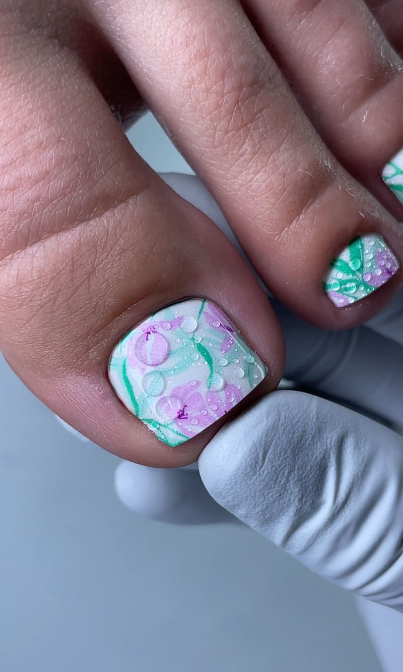 Pedicure Purple Flowers. Light Background. Nail wrap WR-716