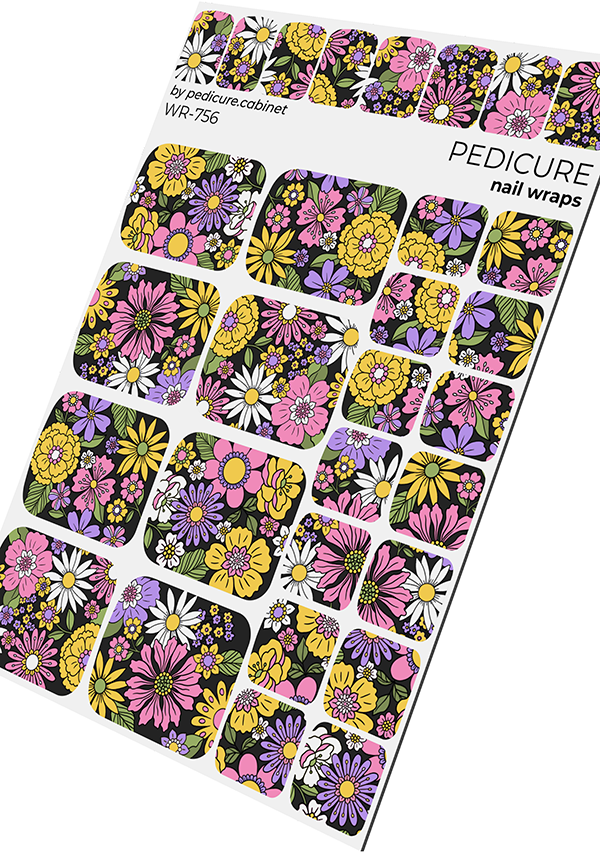 Pedicure Flowers on a black background. Nail wrap WR-756