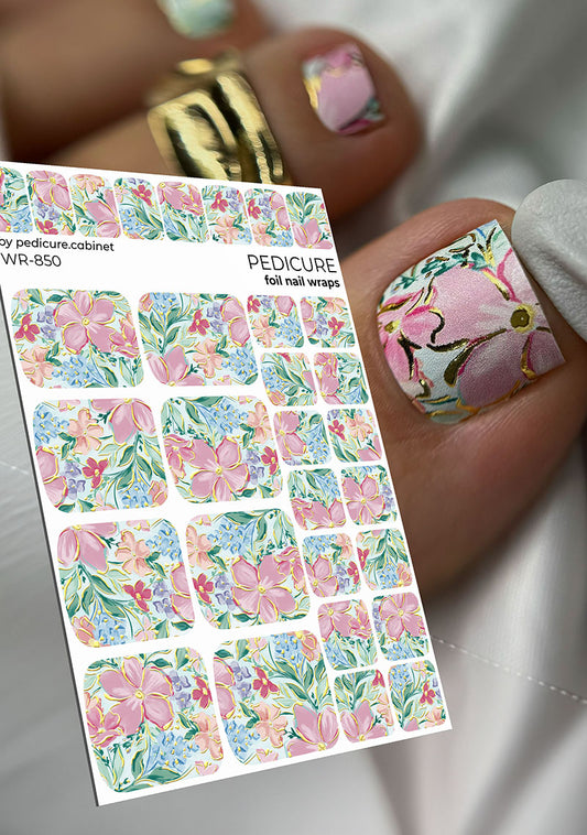 Pedicure Flowers. Watercolor. Foil gold. Nail wrap WR-850