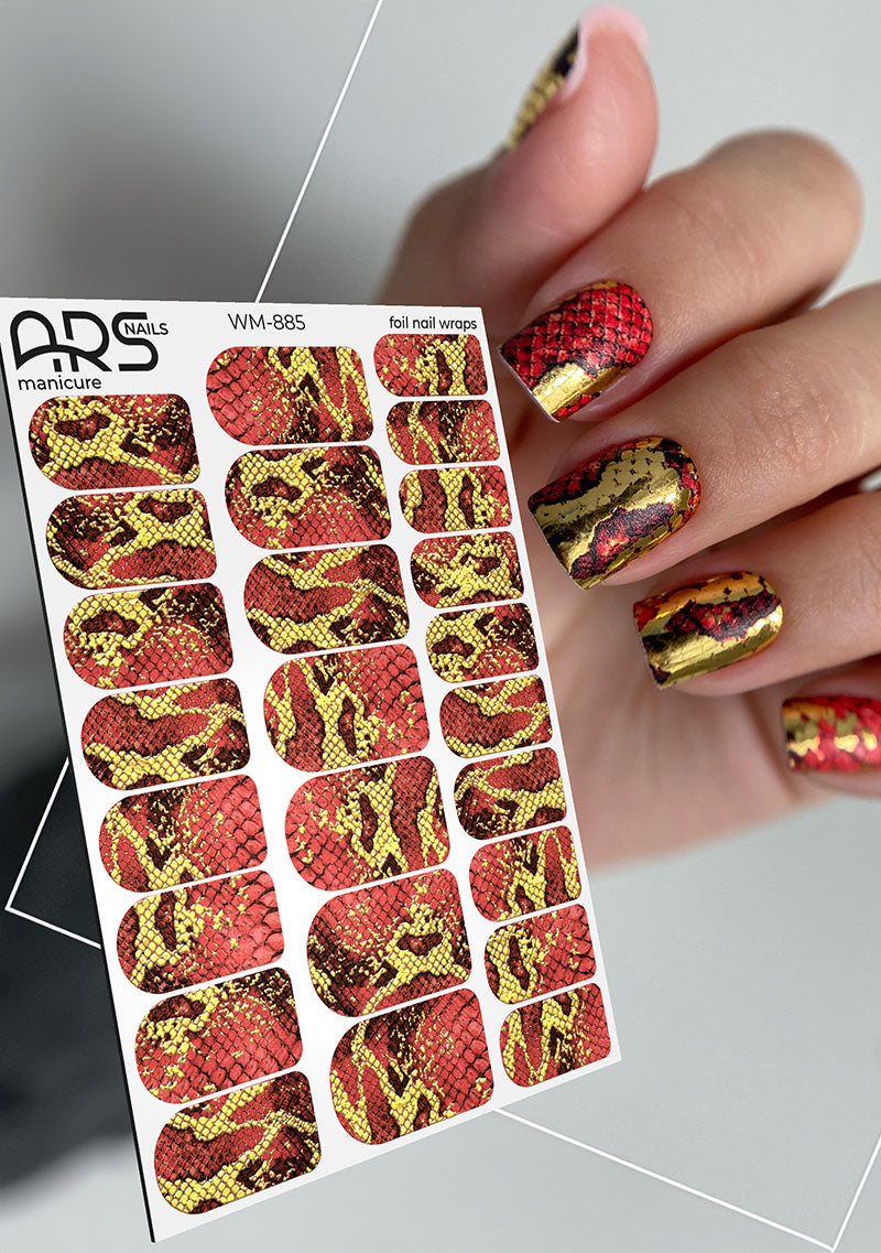 Manicure Python. Red. Foil gold. Nail wrap WM-885. ARS NAILS