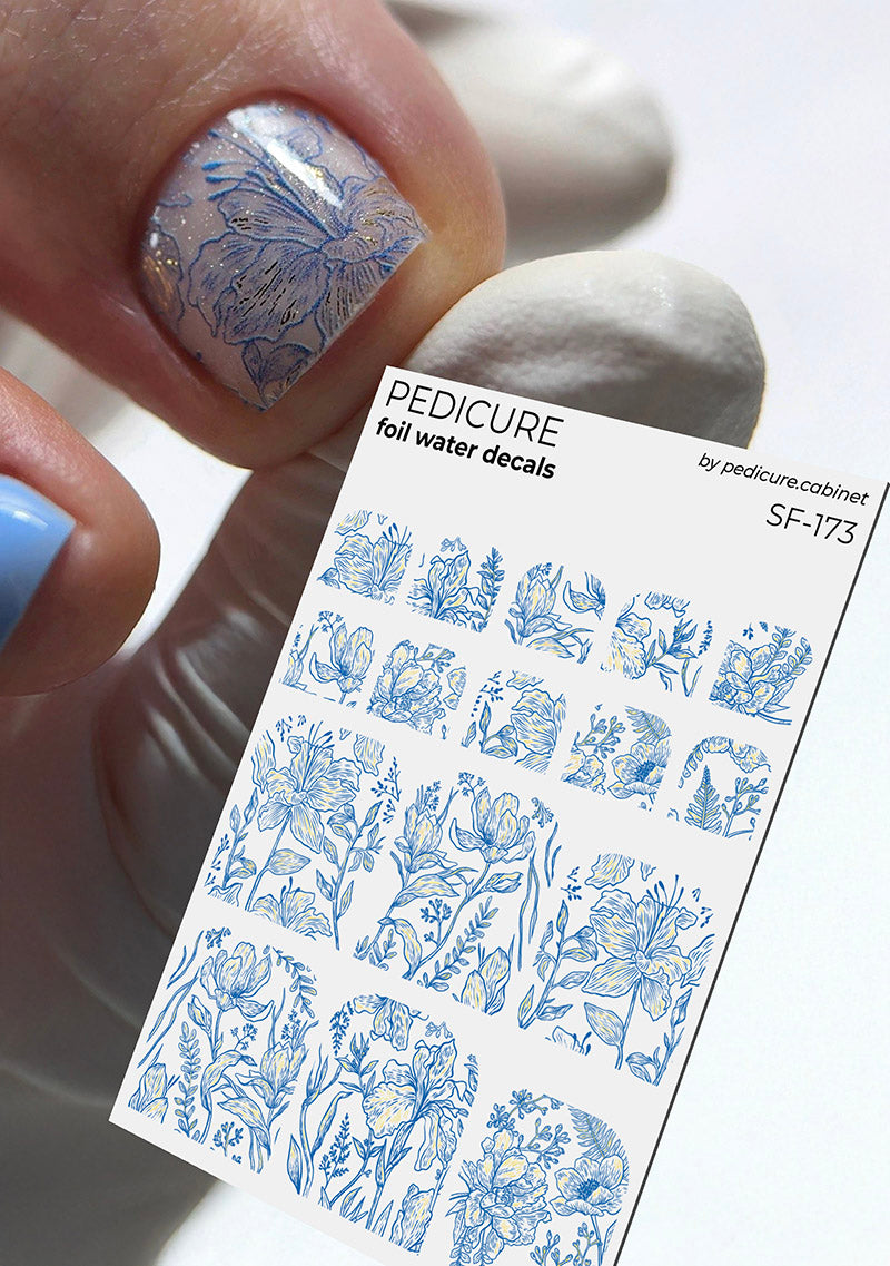 Pedicure Flowers. Blue. Foil gold. Nail water decals SF-173