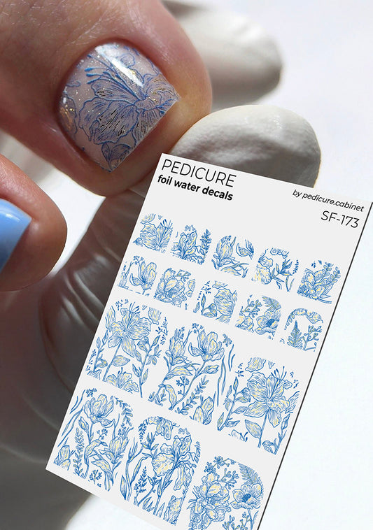 Pedicure Flowers. Blue. Foil gold. Nail water decals SF-173