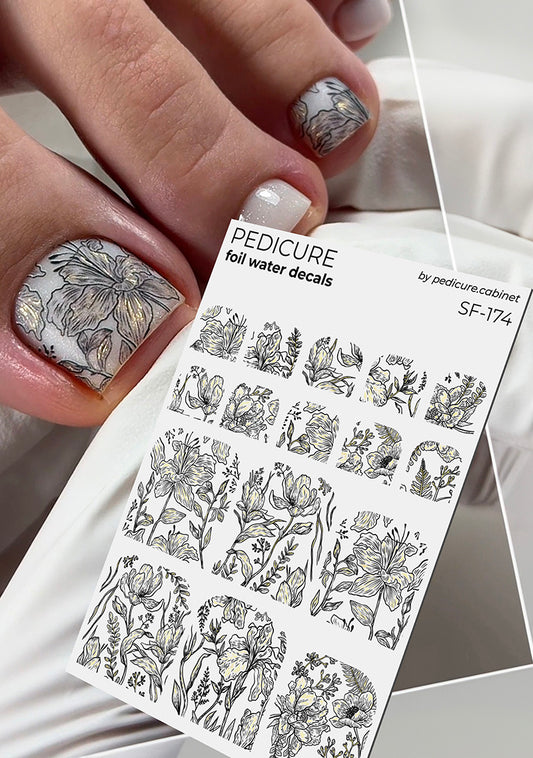 Pedicure Flowers. Black. Foil gold. Nail water decals SF-174