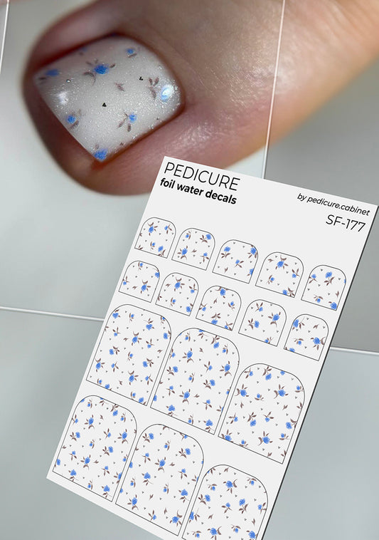 Pedicure Small Flowers. Blue. Foil silver. Nail water decals SF-177