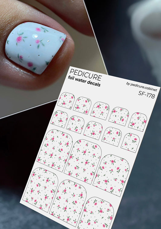 Pedicure Small Flowers. Pink. Foil silver. Nail water decals SF-178