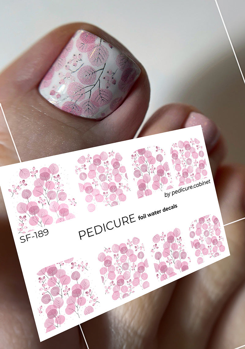 Pedicure Twigs with round leaves. Foil silver. Large. Nail water decals SF-189