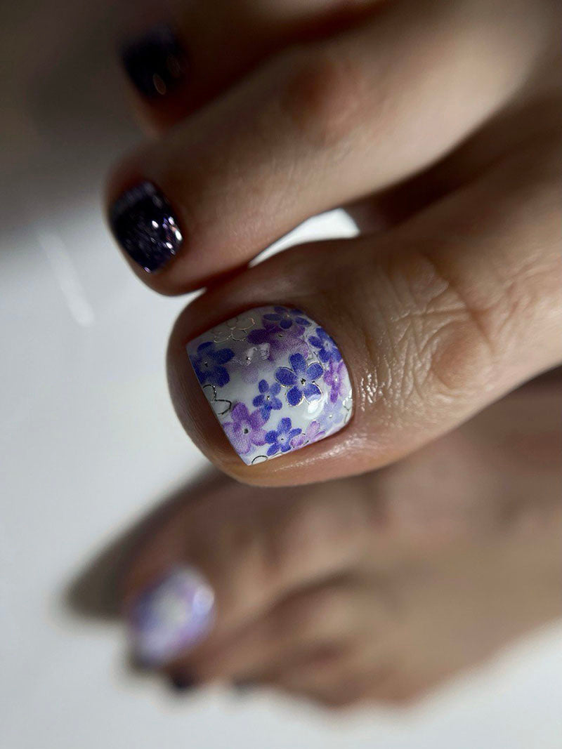 Pedicure Watercolor flowers. Foil silver. Large. Nail water decals SF-193