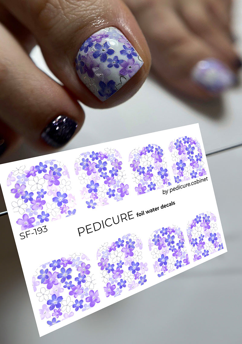 Pedicure Watercolor flowers. Foil silver. Large. Nail water decals SF-193