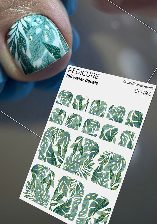 Pedicure Green leaves. Foil gold. Nail water decals SF-194