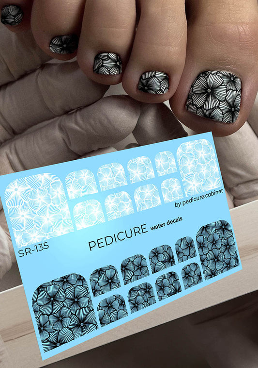 Pedicure Flowers. Black and white. Nail water decals SR-135