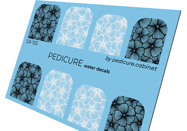 Pedicure Flowers. Black and white. Large. Nail water decals SR-155