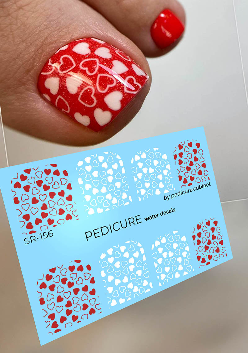 Pedicure Hearts. Red and white. Large. Nail water decals SR-156