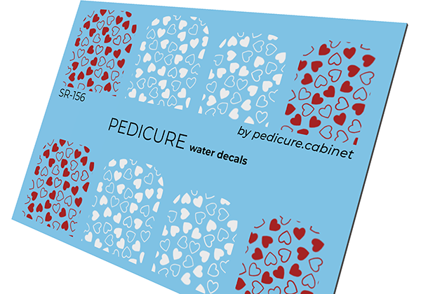 Pedicure Hearts. Red and white. Large. Nail water decals SR-156