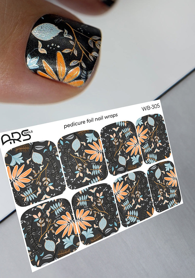 Pedicure Twigs with leaves. Silver Foil. Large. Nail wraps WB-305