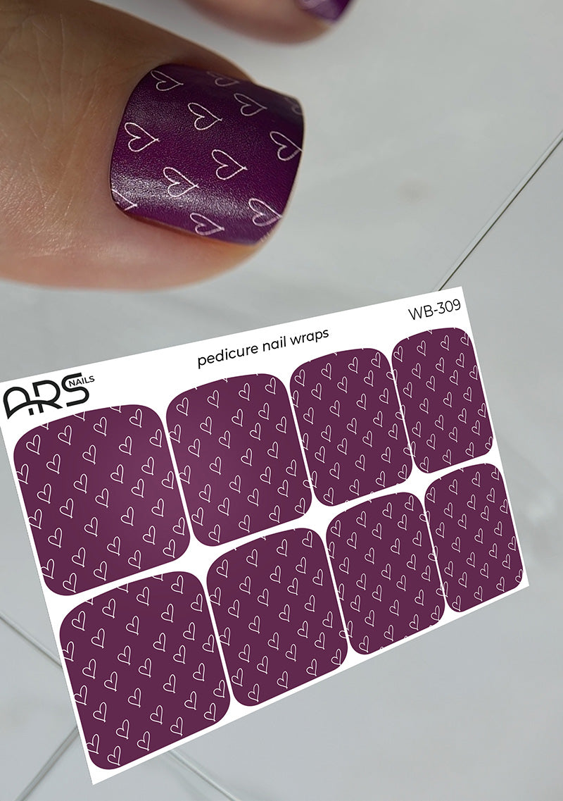 Pedicure Hearts burgundy. Large. Nail wraps WB-309