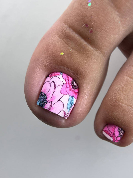 Pedicure Peonies Pink, Leaves Blue. Large. Nail wraps WB-467