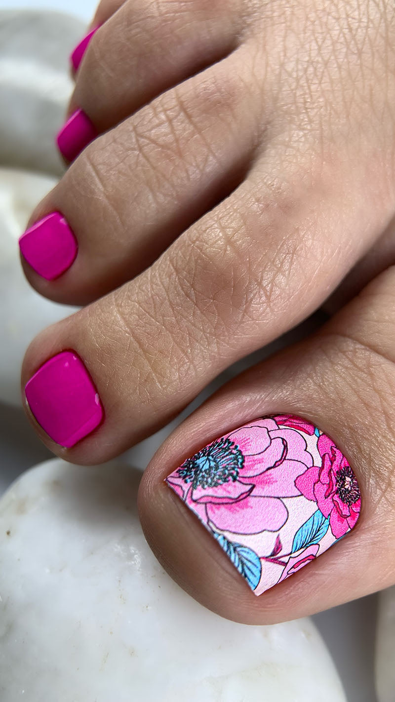 Pedicure Peonies Pink, Leaves Blue. Large. Nail wraps WB-467