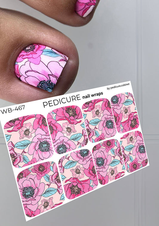 Pedicure Peonies Pink, Leaves Blue. Large. Nail wraps WB-467